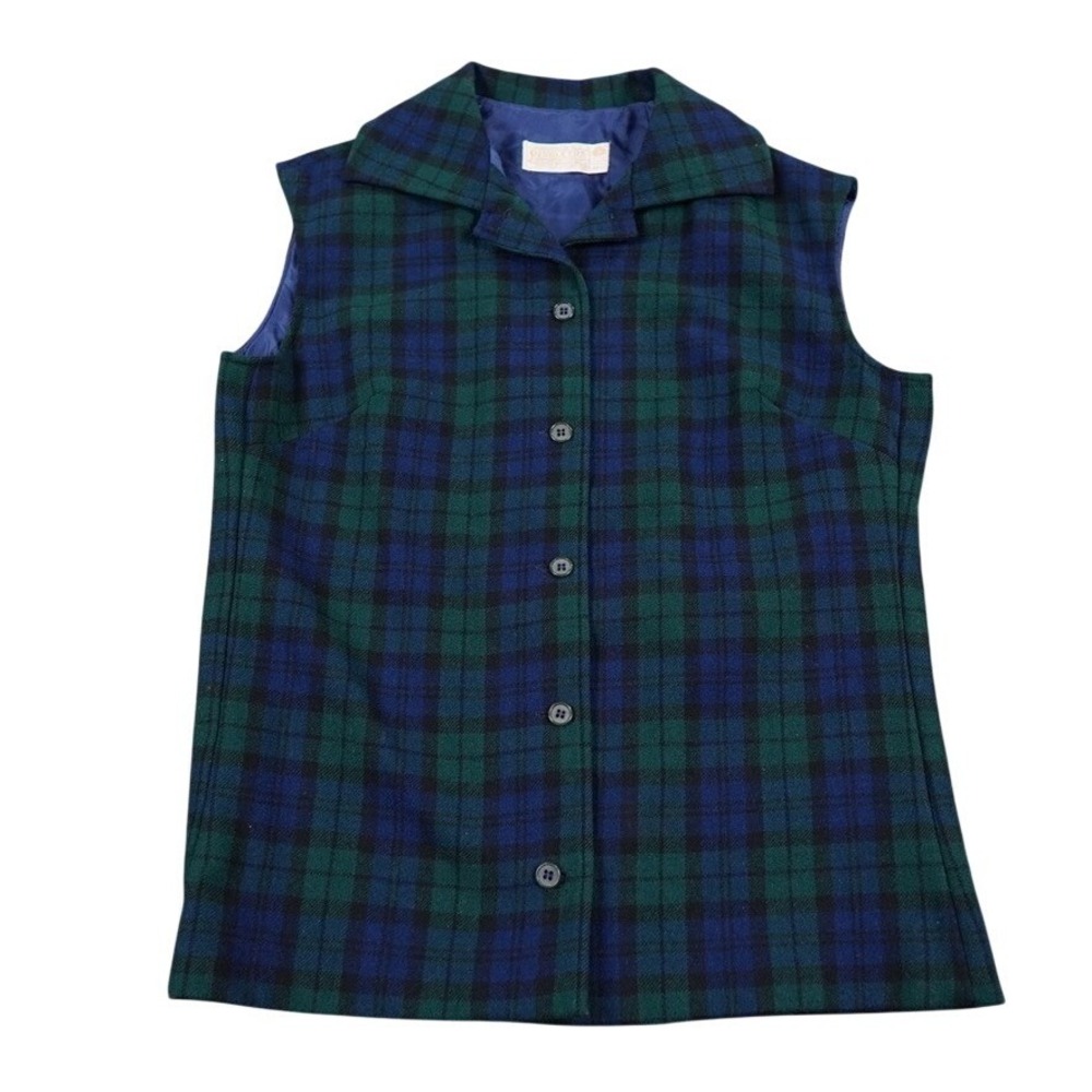 VTG Pendleton Vest Women 16 Plaid Blackwatch Wool Button Front Collar Made USA